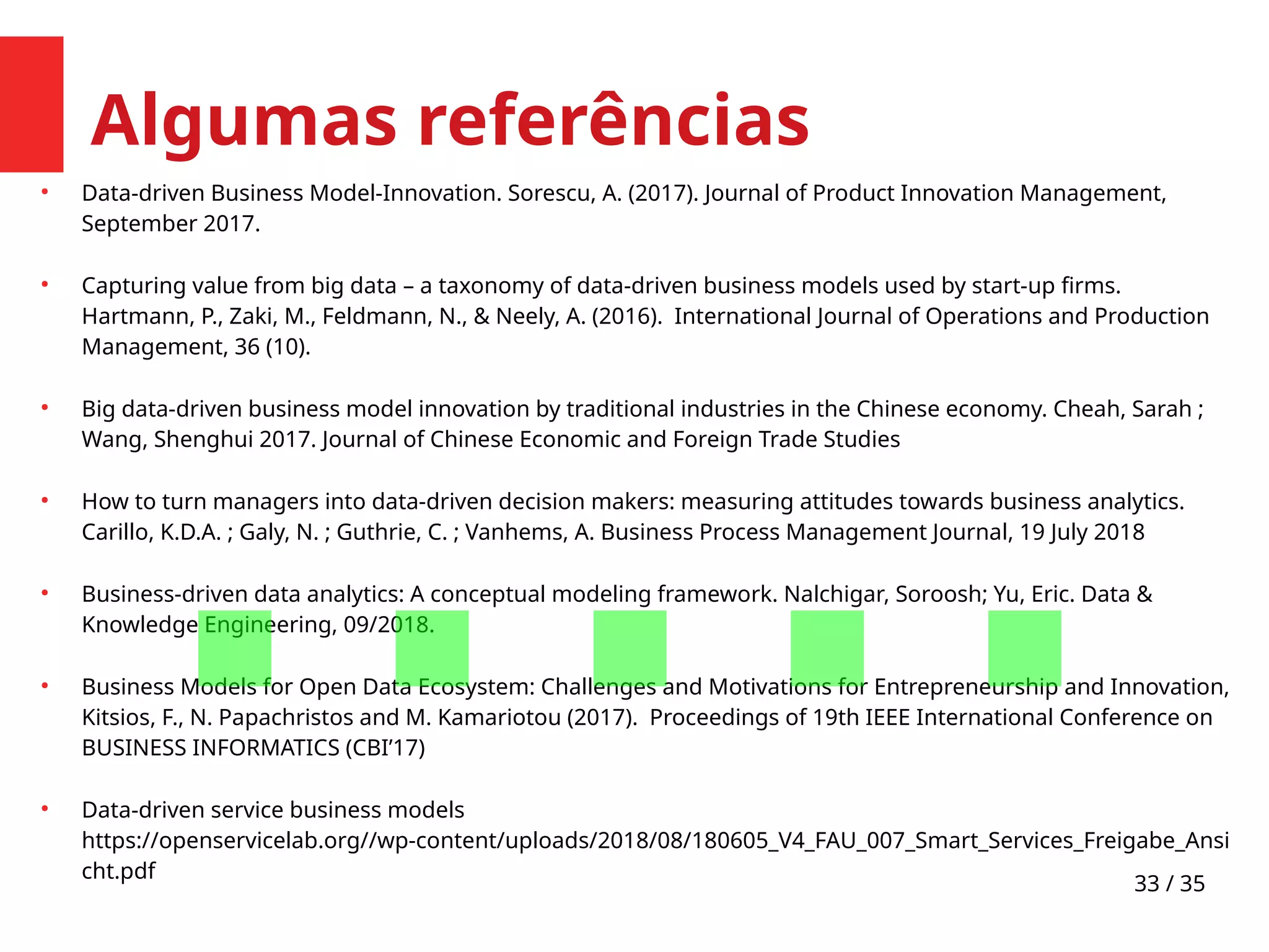 33 / 35
Algumas referências
●
Data-driven Business Model-Innovation. Sorescu, A. (2017). Journal of Product Innovation Management,
September 2017.
●
Capturing value from big data – a taxonomy of data-driven business models used by start-up firms.
Hartmann, P., Zaki, M., Feldmann, N., & Neely, A. (2016). International Journal of Operations and Production
Management, 36 (10).
●
Big data-driven business model innovation by traditional industries in the Chinese economy. Cheah, Sarah ;
Wang, Shenghui 2017. Journal of Chinese Economic and Foreign Trade Studies
●
How to turn managers into data-driven decision makers: measuring attitudes towards business analytics.
Carillo, K.D.A. ; Galy, N. ; Guthrie, C. ; Vanhems, A. Business Process Management Journal, 19 July 2018
●
Business-driven data analytics: A conceptual modeling framework. Nalchigar, Soroosh; Yu, Eric. Data &
Knowledge Engineering, 09/2018.
●
Business Models for Open Data Ecosystem: Challenges and Motivations for Entrepreneurship and Innovation,
Kitsios, F., N. Papachristos and M. Kamariotou (2017). Proceedings of 19th IEEE International Conference on
BUSINESS INFORMATICS (CBI’17)
●
Data-driven service business models
https://openservicelab.org//wp-content/uploads/2018/08/180605_V4_FAU_007_Smart_Services_Freigabe_Ansi
cht.pdf
.....
 