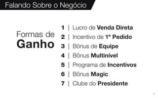 7
Falando Sobre o Negócio
Formas de
Ganho
1 | Lucro de Venda Direta
2 | Incentivo de 1º Pedido
3 | Bônus de Equipe
4 | Bônus Multinível
5 | Programa de Incentivos
6 | Bônus Magic
7 | Clube do Presidente
 
