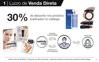 8
1 | Lucro de Venda Direta
de desconto nos produtos
publicados no catálogo
Consultor
Contém1g Magic Cliente final
Produtos com
30% de desconto
Pedido mínimo de R$ 200,00 | Acessórios com 20% de desconto | Descontos exclusivos somente para consultores Contém1g Magic
30%
 