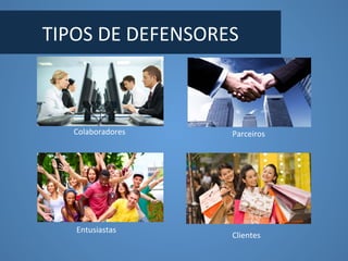 TIPOS	DE	DEFENSORES	
Colaboradores	 Parceiros	
Entusiastas	
Clientes	
 
