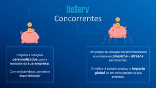 Projetos e soluções
personalizados para a
realidade da sua empresa.
Com exclusividade, parceria e
disponibilidade!
Um projeto ou solução mal dimensionados
acarretará em prejuízos e atrasos
permanentes.
O melhor é sempre analisar o impacto
global de um novo projeto na sua
empresa.
Concorrentes
 