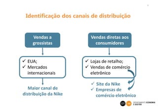6
Identificação dos canais de distribuição
Vendas a
grossistas
Vendas diretas aos
consumidores
 EUA;
 Mercados
internacionais
 Lojas de retalho;
 Vendas de comércio
eletrônico
Maior canal de
distribuição da Nike
 Site da Nike
 Empresas de
comércio eletrônico
 