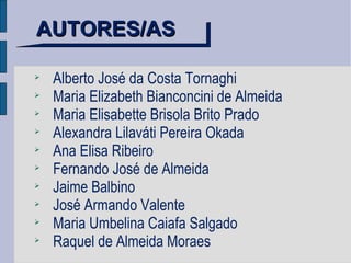 AUTORES/AS Alberto José da Costa Tornaghi Maria Elizabeth Bianconcini de Almeida Maria Elisabette Brisola Brito Prado Alexandra Lilaváti Pereira Okada  Ana Elisa Ribeiro Fernando José de Almeida Jaime Balbino José Armando Valente Maria Umbelina Caiafa Salgado Raquel de Almeida Moraes 
