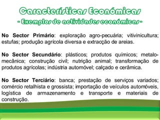 Fonte:  Censos 2001, INE No Sector Primário : exploração agro-pecuária; vitivinicultura; estufas; produção agrícola diversa e extracção de areias. No Sector Secundário : plásticos; produtos químicos; metalo-mecânica; construção civil; nutrição animal; transformação de produtos agrícolas; indústria automóvel; calçado e cerâmica. No Sector Terciário : banca; prestação de serviços variados; comércio retalhista e grossista; importação de veículos automóveis, logística de armazenamento e transporte e materiais de construção. 