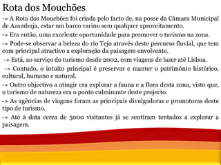 Rota dos Mouchões -»  A Rota dos Mouchões foi criada pelo facto de, na posse da Câmara Municipal de Azambuja, estar um barco varino sem qualquer aproveitamento.  -» Era então, uma excelente oportunidade para promover o turismo na zona.  -» Pode-se observar a beleza do rio Tejo através deste percurso fluvial, que tem com principal atractivo a exploração da paisagem envolvente. -» Está, ao serviço do turismo desde 2002, com viagens de lazer até Lisboa. -» Contudo, o intuito principal é preservar e manter o património histórico, cultural, humano e natural.  -» Outro objectivo a atingir era explorar a fauna e a flora desta zona, visto que, o turismo de natureza era o ponto culminante deste projecto.  -» As agências de viagens foram as principais divulgadoras e promotoras deste tipo de turismo. -» Até à data cerca de 5000 visitantes já se sentiram tentados a explorar a paisagem.  