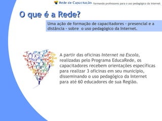 O que é a Rede? Uma ação de formação de capacitadores - presencial e a distância - sobre  o uso pedagógico da Internet. A partir das oficinas  Internet na Escola,  realizadas pelo   Programa EducaRede, os capacitadores recebem orientações específicas para realizar 3 oficinas em seu município,  disseminando o uso pedagógico da Internet para até 60 educadores de sua Região. 