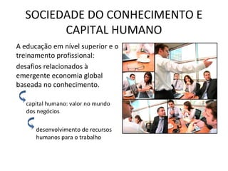 SOCIEDADE DO CONHECIMENTO E
CAPITAL HUMANO
A educação em nível superior e o
treinamento profissional:
desafios relacionados à
emergente economia global
baseada no conhecimento.
capital humano: valor no mundo
dos negócios
desenvolvimento de recursos
humanos para o trabalho
 