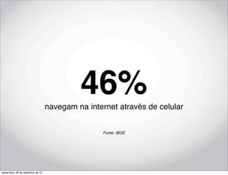 46%
                                    navegam na internet através de celular


                                                   Fonte: IBGE




sexta-feira, 28 de setembro de 12
 