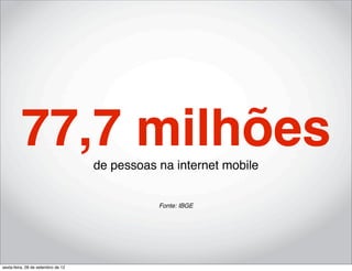 77,7 milhões               de pessoas na internet mobile


                                               Fonte: IBGE




sexta-feira, 28 de setembro de 12
 