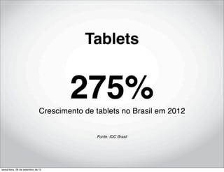 Tablets


                                      275%
                              Crescimento de tablets no Brasil em 2012


                                             Fonte: IDC Brasil




sexta-feira, 28 de setembro de 12
 