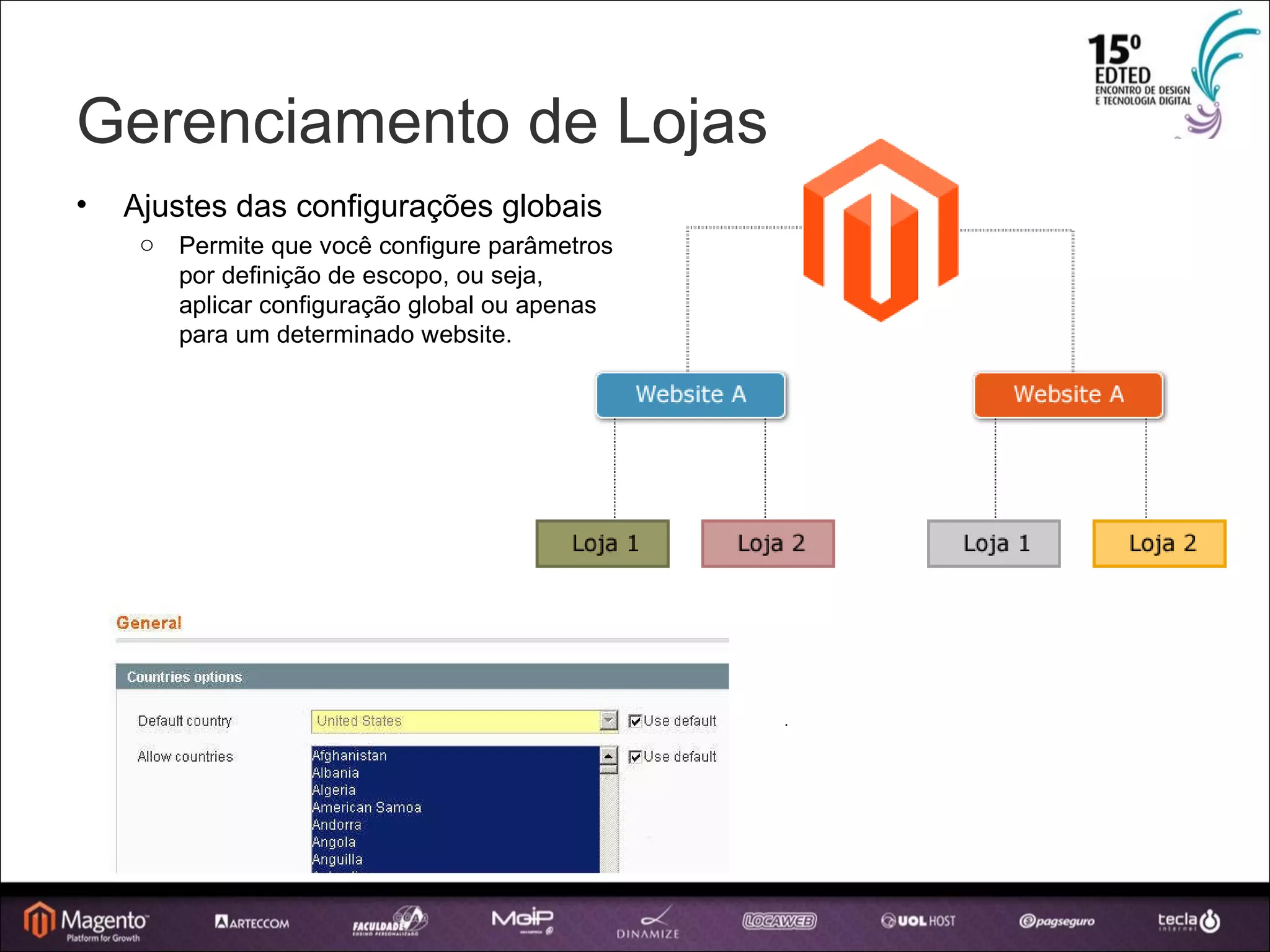 Gerenciamento de Lojas Ajustes das configurações globais Permite que você configure parâmetros por definição de escopo, ou seja, aplicar configuração global ou apenas para um determinado website. 