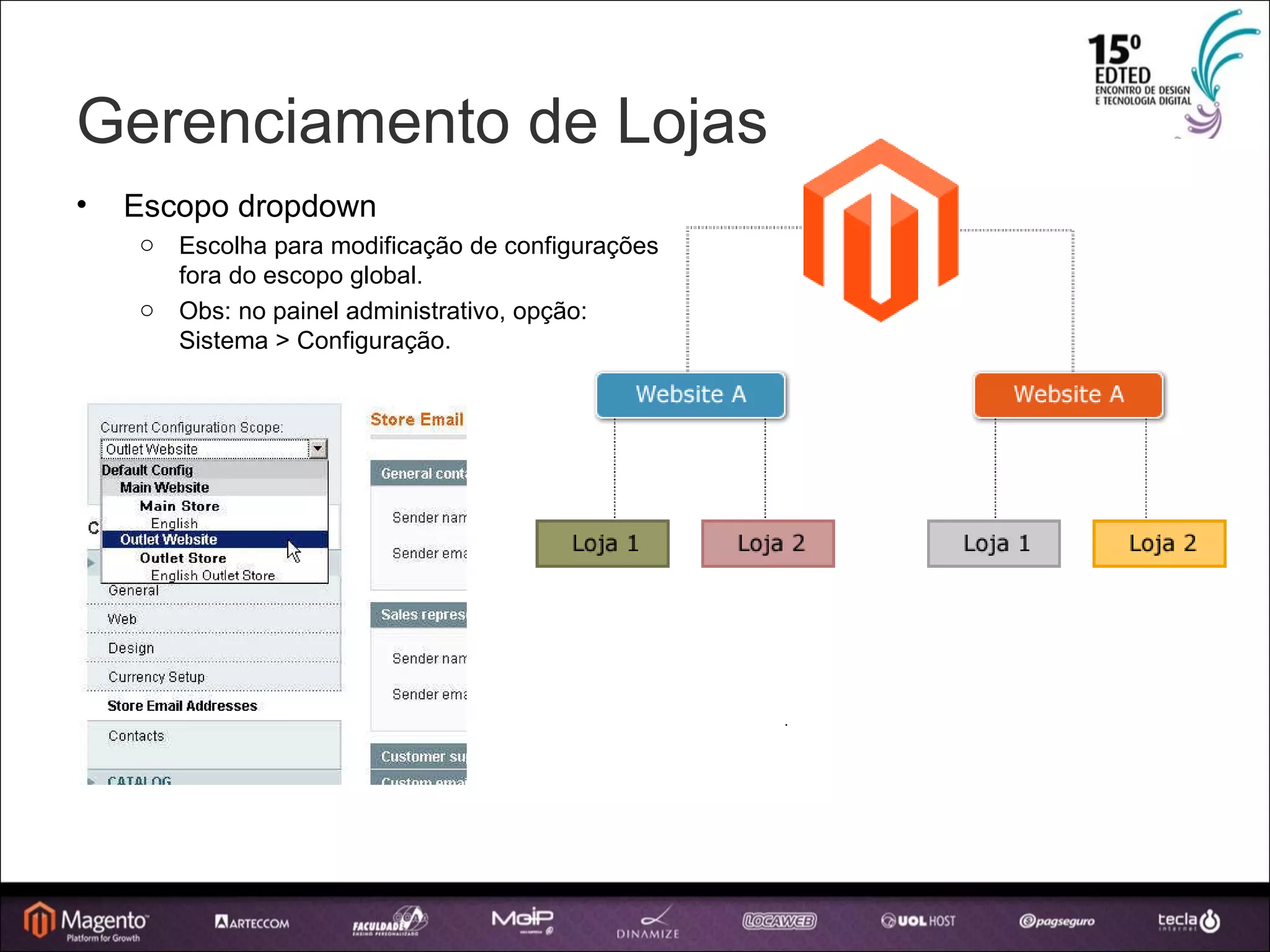Gerenciamento de Lojas Escopo dropdown Escolha para modificação de configurações fora do escopo global. Obs: no painel administrativo, opção: Sistema > Configuração. 