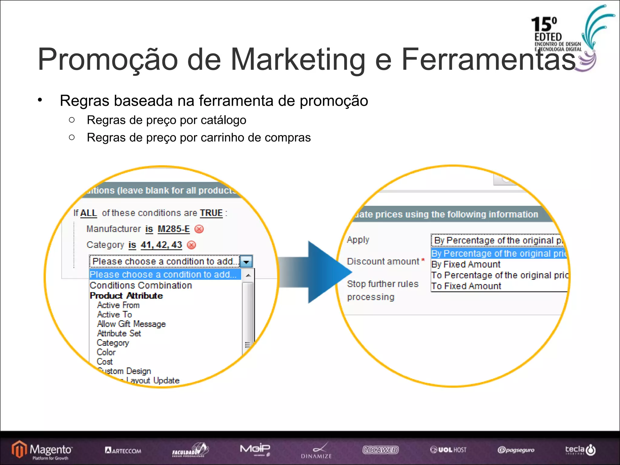 Promoção de Marketing e Ferramentas Regras baseada na ferramenta de promoção Regras de preço por catálogo Regras de preço por carrinho de compras 