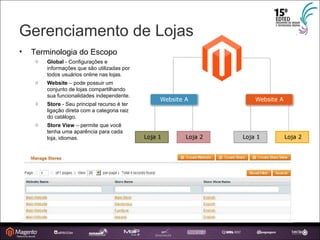 Gerenciamento de Lojas Terminologia do Escopo Global  - Configurações e informações que são utilizadas por todos usuários online nas lojas. Website  – pode possuir um conjunto de lojas compartilhando sua funcionalidades independente. Store  - Seu principal recurso é ter ligação direta com a categoria raiz do catálogo.  Store View  – permite que você tenha uma aparência para cada loja, idiomas. 