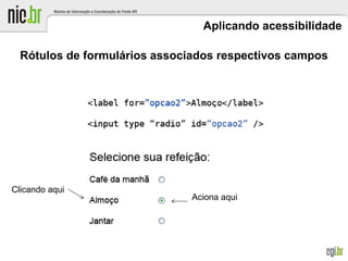 Aplicando acessibilidade
Rótulos de formulários associados respectivos campos
Aciona aqui
Clicando aqui
 