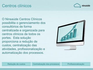 Centros clínicos
O Ninsaúde Centros Clínicos
possibilita o gerenciamento dos
consultórios de forma
centralizada e organizada para
centros clínicos de todos os
portes. Esta solução
proporciona a redução de
custos, centralização das
atividades, profissionalização e
automatização dos processos.
Redução de custos Centralização dos processos Profissionalização
 