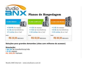 Planos de Hospedagem Soluções para grandes demandas (sites com milhares de acessos)‏ Simulação:  80 Gb  de transferência/mês 8 Gb  espaço R$ 300,00  mensais Studio ANX Internet :: www.studioanx.com.br 