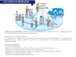 SOLUÇÕES DE IMPRESSÃO 
O BPO de documentos é a terceirização de processos de negócios de uma organização, que 
normalmente não faz parte do seu core business. 
O BPO de documentos envolve: 
A impressão e a captura descentralizada de documentos até o gerenciamento e a mão de obra 
necessária para executar todos os processos, com garantia de segurança, monitoramento e 
confidencialidade. 
Principais Vantagens: 
• Foco no Core Business 
• Aumento da eficiência e melhoria contínua na execução desses processos; 
• Liberação de recursos internos para assuntos estratégicos; 
• Redução dos investimentos em capital e em treinamento na execução de processos; 
• Obtenção de maior flexibilidade interna; 
• Controle e redução de custos operacionais. 
 