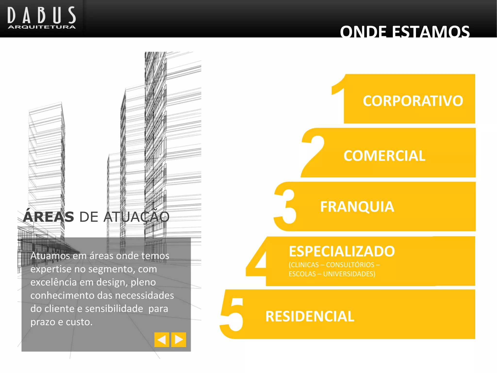 ÁREAS DE ATUAÇÃO
Atuamos em áreas onde temos
expertise no segmento, com
excelência em design, pleno
conhecimento das necessidades
do cliente e sensibilidade para
prazo e custo.
CORPORATIVO
COMERCIAL
FRANQUIA
RESIDENCIAL
ESPECIALIZADO
(CLINICAS – CONSULTÓRIOS –
ESCOLAS – UNIVERSIDADES)
ONDE ESTAMOS
 