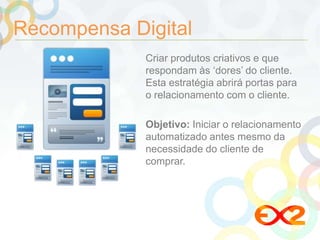Recompensa Digital 
Criar produtos criativos e que 
respondam às ‘dores’ do cliente. 
Esta estratégia abrirá portas para 
o relacionamento com o cliente. 
Objetivo: Iniciar o relacionamento 
automatizado antes mesmo da 
necessidade do cliente de 
comprar. 
 