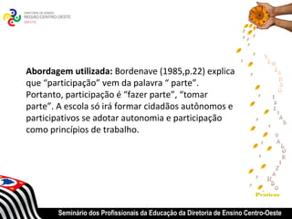 Abordagem utilizada: Bordenave (1985,p.22) explica
que “participação” vem da palavra “ parte”.
Portanto, participação é “fazer parte”, “tomar
parte”. A escola só irá formar cidadãos autônomos e
participativos se adotar autonomia e participação
como princípios de trabalho.




                                                                         Praticas


       Seminário dos Profissionais da Educação da Diretoria de Ensino Centro-Oeste
 