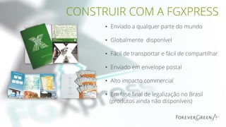 • Enviado a qualquer parte do mundo
• Globalmente disponível
• Fácil de transportar e fácil de compartilhar
• Enviado em envelope postal
• Alto impacto commercial
• Em fase final de legalização no Brasil
(produtos ainda não disponíveis)
CONSTRUIR COM A FGXPRESS
 
