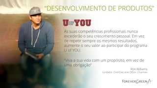 “Viva a sua vida com um propósito, em vez de
uma obrigação”
Ron Williams
Fundador, Chief Executive Officer, Chairman
As suas competências profissionais nunca
excederão o seu crescimento pessoal. Em vez
de repetir sempre os mesmos resultados,
aumente o seu valor ao participar do programa
U of YOU.
“DESENVOLVIMENTO DE PRODUTOS”
 