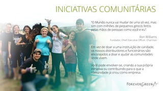 “O Mundo nunca vai mudar de uma só vez, mas
sim com milhões de pequenos gestos feitos
pelas mãos de pessoas como você e eu”.
Ron Williams
Fundador, Chief Executive Officer, Chairman
Em vez de doar a uma instituição de caridade,
os nossos distribuidores e funcionários são
encorajados a doar e ajudar as comunidades
onde vivem.
Você pode envolver-se, criando a sua própria
iniciativa ou contribuindo para o que a
comunidade já criou como empresa.
INICIATIVAS COMUNITÁRIAS
 