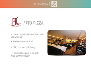 PRESENTATION 
/ PIÙ PIZZA 
• Local mais jovial para encontro 
de amigos 
• Ambiente mais “frio”. 
• Não possuem delivery. 
• Promoções para o target ( 
boa comunicação) 
 