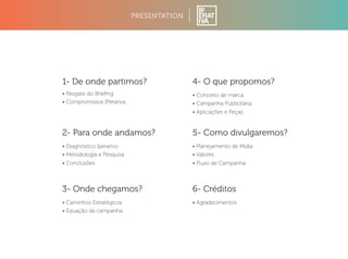 PRESENTATION 
1- De onde partimos? 
• Resgate do Briefing 
• Compromissos IPerativa 
2- Para onde andamos? 
• Diagnóstico Iperativo 
• Metodologia e Pesquisa 
• Conclusões 
3- Onde chegamos? 
• Caminhos Estratégicos 
• Equação da campanha 
4- O que propomos? 
• Conceito de marca 
• Campanha Publicitária 
• Aplicações e Peças 
5- Como divulgaremos? 
• Planejamento de Mídia 
• Valores 
• Fluxo de Campanha 
6- Créditos 
• Agradecimentos 
 