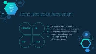 Como isso pode funcionar?
MKT TECH
PROD/UX BI
◇ Sempre pensar no usuário
◇ Fazer planejamento em conjunto
◇ Compartilhar informações das
áreas com todos os times
◇ Ter short meetings
diárias/semanais
 