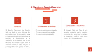 2
1 3
Definição Ferramentas do Moodle Como aceder à plataforma
A Plataforma Google Classroom
O Google Classroom ou Google
Sala de Aula é um sistema de
gerenciamento de conteúdo para
escolas que procuram simplificar a
criação, a distribuição e a
avaliação de trabalhos. Ele é um
recurso do Google Apps para a
área de educação e foi lançado o
para o público em agosto de 2014.
• Ferramentas de comunicação;
• Ferramentas de Interacção;
• Ferramentas de Avaliação.
O Google Sala de Aula é um
serviço gratuito para escolas,
organizações sem fins lucrativos
e qualquer usuário com uma
Conta do Google pessoal.
14
 