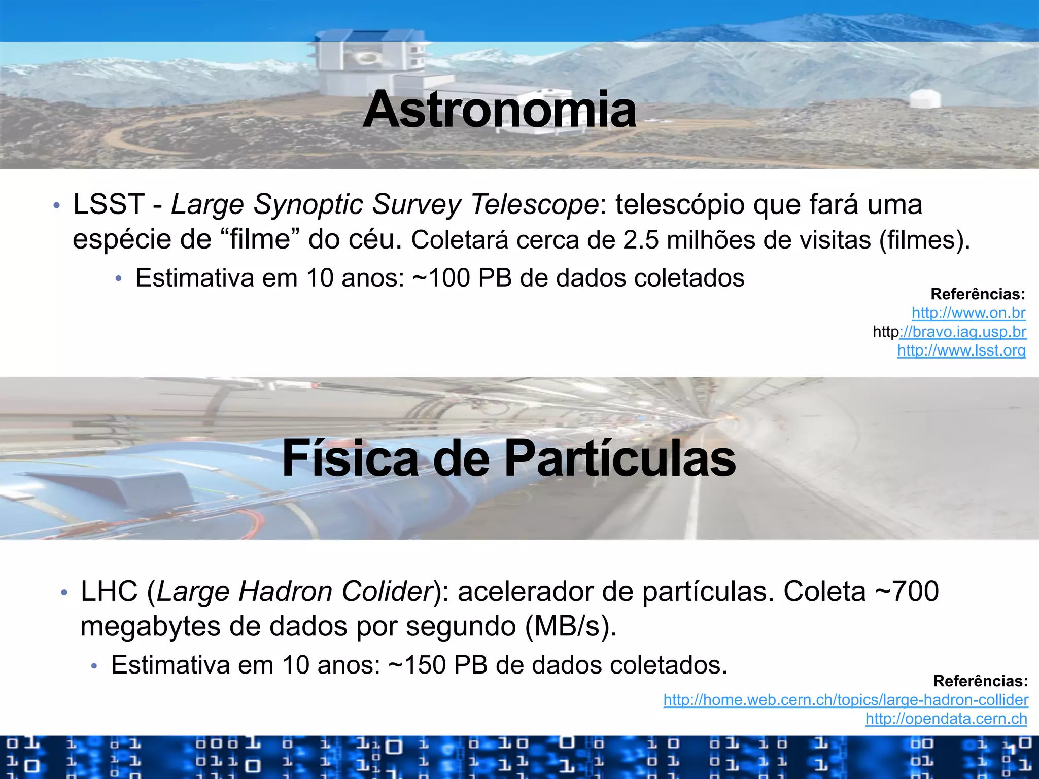 •  LSST - Large Synoptic Survey Telescope: telescópio que fará uma
espécie de “filme” do céu. Coletará cerca de 2.5 milhões de visitas (filmes).
•  Estimativa em 10 anos: ~100 PB de dados coletados Referências:
http://www.on.br
http://bravo.iag.usp.br
http://www.lsst.org
Astronomia
•  LHC (Large Hadron Colider): acelerador de partículas. Coleta ~700
megabytes de dados por segundo (MB/s).
•  Estimativa em 10 anos: ~150 PB de dados coletados.
Física de Partículas
Referências:
http://home.web.cern.ch/topics/large-hadron-collider
http://opendata.cern.ch
 