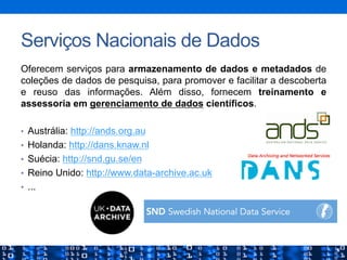 Serviços Nacionais de Dados
Oferecem serviços para armazenamento de dados e metadados de
coleções de dados de pesquisa, para promover e facilitar a descoberta
e reuso das informações. Além disso, fornecem treinamento e
assessoria em gerenciamento de dados científicos.
•  Austrália: http://ands.org.au
•  Holanda: http://dans.knaw.nl
•  Suécia: http://snd.gu.se/en
•  Reino Unido: http://www.data-archive.ac.uk
•  ...
 