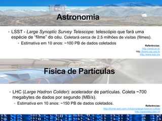 •  LSST - Large Synoptic Survey Telescope: telescópio que fará uma
espécie de “filme” do céu. Coletará cerca de 2.5 milhões de visitas (filmes).
•  Estimativa em 10 anos: ~100 PB de dados coletados Referências:
http://www.on.br
http://bravo.iag.usp.br
http://www.lsst.org
Astronomia
•  LHC (Large Hadron Colider): acelerador de partículas. Coleta ~700
megabytes de dados por segundo (MB/s).
•  Estimativa em 10 anos: ~150 PB de dados coletados.
Física de Partículas
Referências:
http://home.web.cern.ch/topics/large-hadron-collider
http://opendata.cern.ch
 