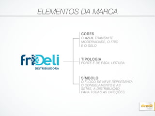 ELEMENTOS DA MARCA
CORES
O AZUL TRANSMITE
MODERNIDADE, O FRIO
E O GELO
TIPOLOGIA
FORTE E DE FÁCIL LEITURA
SÍMBOLO
O FLOCO DE NEVE REPRESENTA
O CONGELAMENTO E AS
SETAS, A DISTRIBUIÇÃO
PARA TODAS AS DIREÇÕES.
 