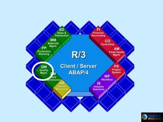 FI

SD

Financial
Accounting

Sales &
Distribution

MM

PP

CO

Materials
Mgmt.

Controlling

QM

Quality
Mgmt.

AM

R/3

Production
Planning

PM

Fixed Assets
Mgmt.

Client / Server
ABAP/4

PS

Project
System

WF

Plant
Maintenance

HR

Human
Resources

Workflow

IS

Industry
Solutions

 