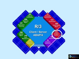 FI

SD

Financial
Accounting

Sales &
Distribution

MM

PP

CO

Materials
Mgmt.

Controlling

QM

Quality
Mgmt.

AM

R/3

Production
Planning

PM

Fixed Assets
Mgmt.

Client / Server
ABAP/4

PS

Project
System

WF

Plant
Maintenance

HR

Human
Resources

Workflow

IS

Industry
Solutions

 