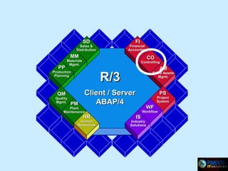 FI

SD

Financial
Accounting

Sales &
Distribution

MM

PP

CO

Materials
Mgmt.

Controlling

QM

Quality
Mgmt.

AM

R/3

Production
Planning

PM

Fixed Assets
Mgmt.

Client / Server
ABAP/4

PS

Project
System

WF

Plant
Maintenance

HR

Human
Resources

Workflow

IS

Industry
Solutions

 