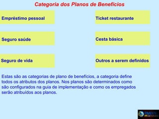 Categoria dos Planos de Benefícios
Empréstimo pessoal

Ticket restaurante

Seguro saúde

Cesta básica

Seguro de vida

Outros a serem definidos

Estas são as categorias de plano de benefícios, a categoria define
todos os atributos dos planos. Nos planos são determinados como
são configurados na guia de implementação e como os empregados
serão atribuídos aos planos.

 