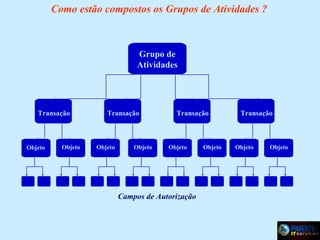 Como estão compostos os Grupos de Atividades ?

Grupo de
Atividades

Transação

Objeto

Objeto

Transação

Objeto

Objeto

Transação

Objeto

Campos de Autorização

Objeto

Transação

Objeto

Objeto

 