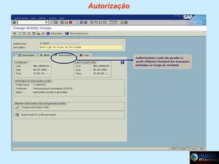 Autorização

Authorizations é onde são gerados os
perfis (Objetos) Standard das transações
atribuídas ao Grupo de Atividade

 