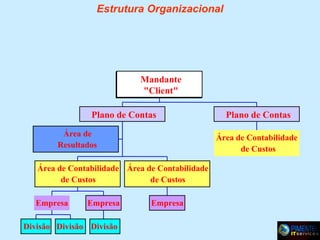 Estrutura Organizacional

Mandante
"Client"
Plano de Contas
Área de
Resultados

Área de Contabilidade
de Custos

Área de Contabilidade Área de Contabilidade
de Custos
de Custos
Empresa

Empresa

Divisão Divisão Divisão

Plano de Contas

Empresa

 
