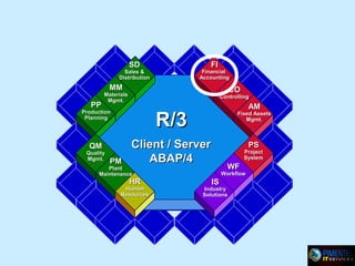 FI

SD

Financial
Accounting

Sales &
Distribution

MM

PP

CO

Materials
Mgmt.

Controlling

QM

Quality
Mgmt.

AM

R/3

Production
Planning

PM

Fixed Assets
Mgmt.

Client / Server
ABAP/4

PS

Project
System

WF

Plant
Maintenance

HR

Human
Resources

Workflow

IS

Industry
Solutions

 