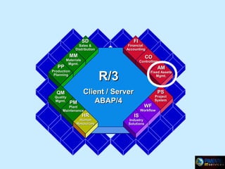 FI

SD

Financial
Accounting

Sales &
Distribution

MM

PP

CO

Materials
Mgmt.

Controlling

QM

Quality
Mgmt.

AM

R/3

Production
Planning

PM

Fixed Assets
Mgmt.

Client / Server
ABAP/4

PS

Project
System

WF

Plant
Maintenance

HR

Human
Resources

Workflow

IS

Industry
Solutions

 
