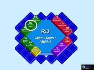 FI

SD

Financial
Accounting

Sales &
Distribution

MM

PP

CO

Materials
Mgmt.

Controlling

QM

Quality
Mgmt.

AM

R/3

Production
Planning

PM

Fixed Assets
Mgmt.

Client / Server
ABAP/4

PS

Project
System

WF

Plant
Maintenance

HR

Human
Resources

Workflow

IS

Industry
Solutions

 