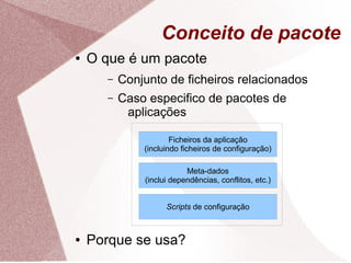 Conceito de pacote
● O que é um pacote
– Conjunto de ficheiros relacionados
– Caso especifico de pacotes de
aplicações
Ficheiros da aplicação
(incluindo ficheiros de configuração)
Meta-dados
(inclui dependências, conflitos, etc.)
Scripts de configuração
● Porque se usa?
 