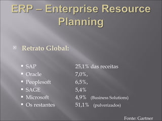 Retrato Global: SAP  25,1% das receitas Oracle  7,0%,  Peoplesoft  6,5%,  SAGE  5,4%   Microsoft  4,9%  (Business Solutions) Os restantes 51,1%  (pulverizados) Fonte: Gartner 
