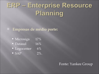 Empresas de médio porte: Microsiga  17%  Datasul  16% Logocenter   6%  SAP    2%.  Fonte: Yankee Group 