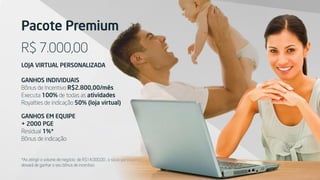 Pacote Premium
R$ 7.000,00
LOJA VIRTUAL PERSONALIZADA
GANHOS INDIVIDUAIS
Bônus de Incentivo R$2.800,00/mês
Executa 100% de todas as atividades
Royalties de indicação 50% (loja virtual)
GANHOS EM EQUIPE
+ 2000 PGE
Residual 1%*
Bônus de indicação
*Ao atingir o volume de negócio de R$14.000,00 , o sócio-participante
deixará de ganhar o seu bônus de incentivo.
 